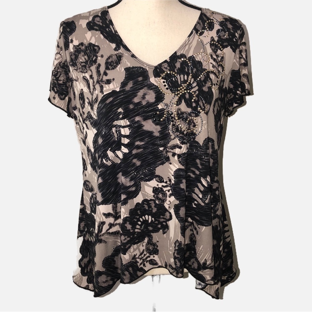 Dressbarn Stretch Knit Flutter Sleeve Scarf Hem Top Shirt M Neutral Metallic